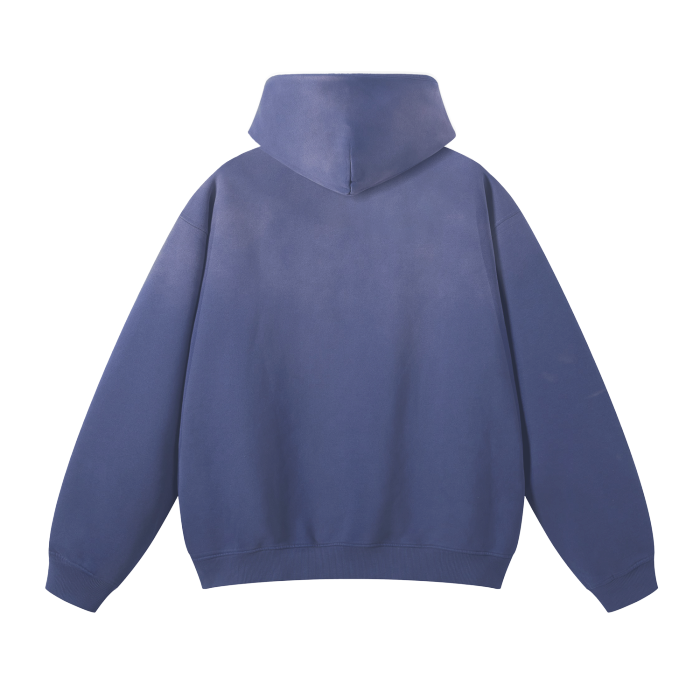 (Denim Blue)Streetwear Unisex Monkey Washed Dyed Fleece Hoodie